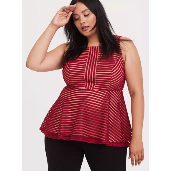 TORRID Red Shadow Stripes Plus Sz 2X Casual or Dress Sleeveless Peplum Shirt - Picture 1 of 8